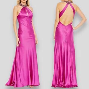 NWT MAC DUGGAL DRESS GOWN PINK SATIN BEADED JEWEL HALTER NECK SHEATH LONG MAXI